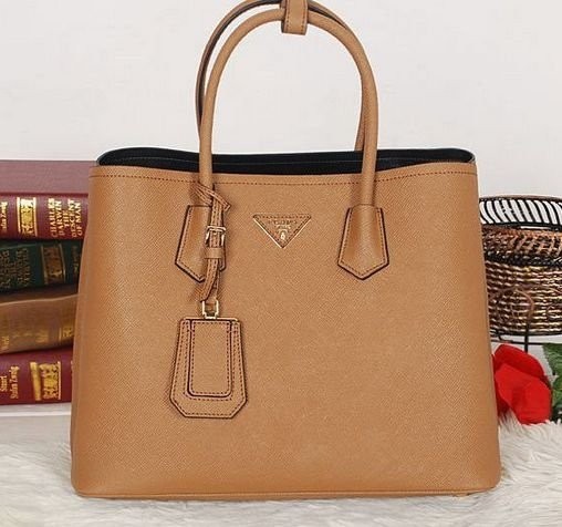 Réplica de Bolsa Prada Classic Safiano Double Tote Caramelo - couro legítimo