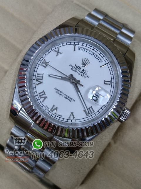 Relógio Réplica Rolex Day Date Prata Branco