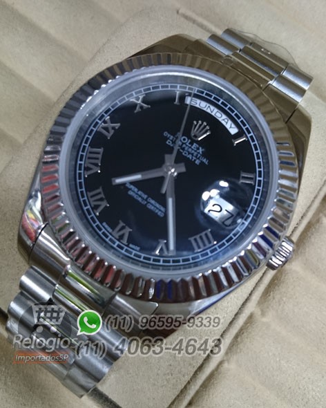 Relógio Réplica Rolex Day Date Prata Preto Romano