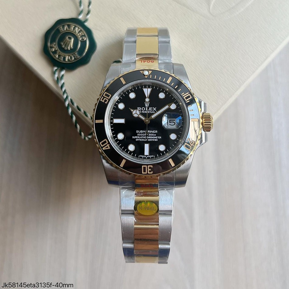  SUPER CLONE MÁQUINA ETA - ROLEX SUBMARINER PRETO PRATA DOURADO 40MM