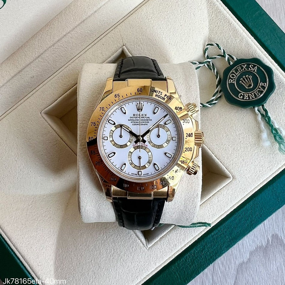 SUPER CLONE MÁQUINA ETA - ROLEX DAYTONA DOURADO BRANCO COURO 40MM