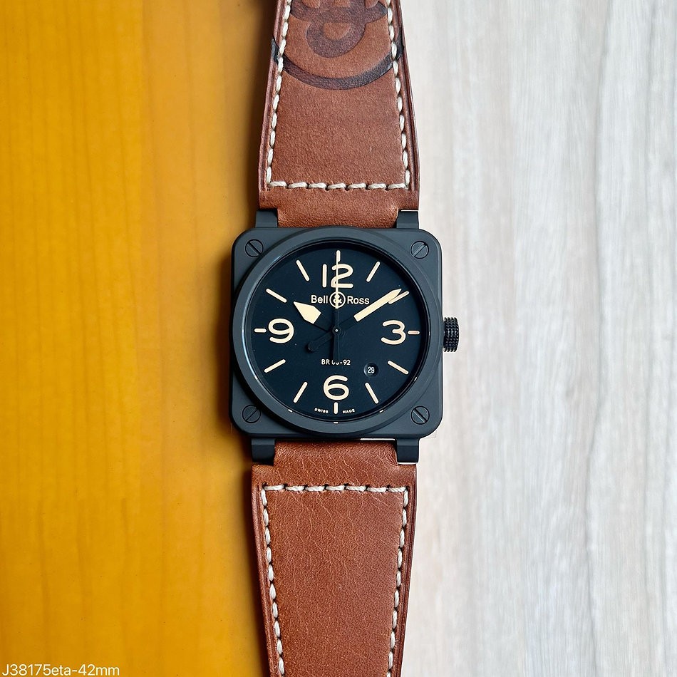  SUPER CLONE MÁQUINA ETA - BELL & ROSS BR 03-92 PRETO COURO 42MM