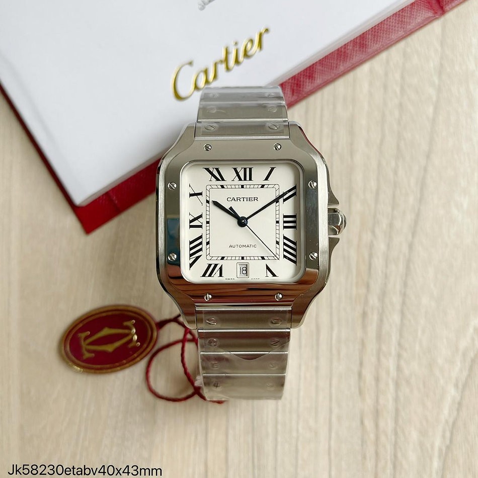  SUPER CLONE MÁQUINA ETA - CARTIER SANTOS PRATA BRANCO 40MM + PULSEIRA COURO