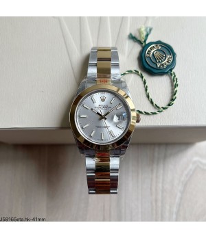 SUPER CLONE MÁQUINA ETA - ROLEX DATEJUST OYSTER BRANCO 41MM PRATA DOURADO