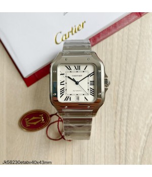  SUPER CLONE MÁQUINA ETA - CARTIER SANTOS PRATA BRANCO 40MM + PULSEIRA COURO