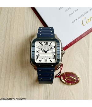  SUPER CLONE MÁQUINA ETA - CARTIER SANTOS PRATA AZUL BORRACHA 40MM