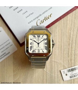  SUPER CLONE MÁQUINA ETA - CARTIER SANTOS PRATA DOURADO BRANCO 43MM + PULSEIRA COURO