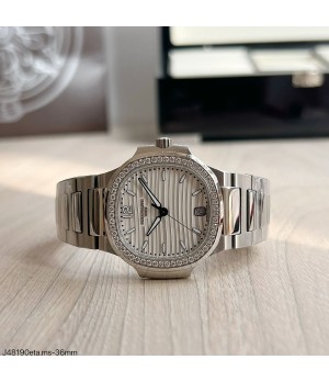  SUPER CLONE MÁQUINA ETA - PATEK PHILIPPE NAUTILUS 36MM PRATA BRANCO BRILHANTE