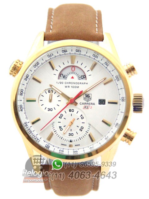 Relógio Réplica Tag Heuer Carrera Rs3 Dourado Branco ( New )
